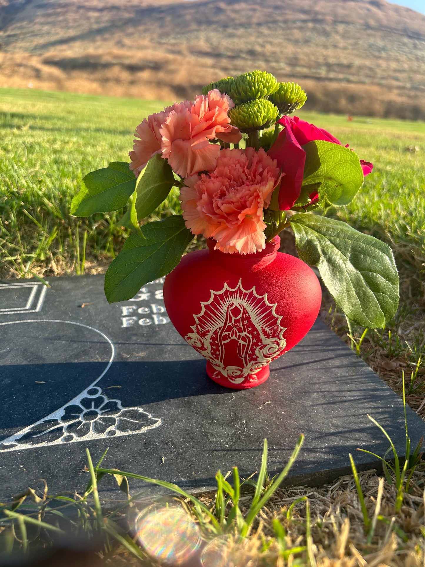 Virgins Mary large red heart vase