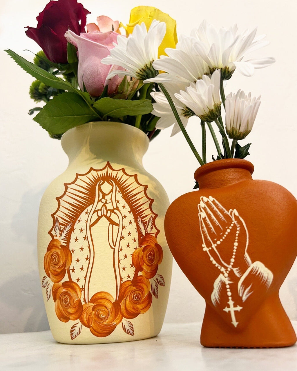 Beige and terracotta 8” Virgin Mary vase  and Praying hands heart vase set