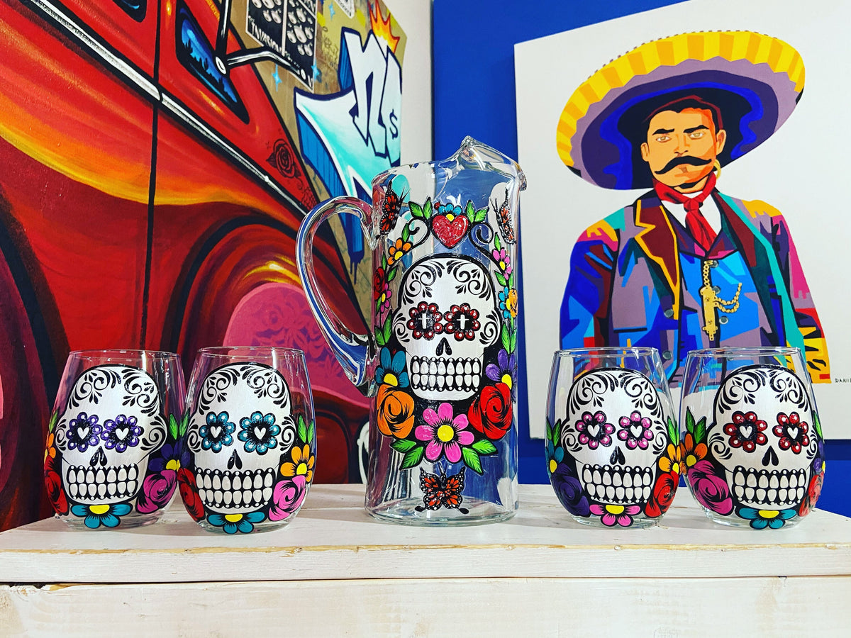 Dia de los Muertos Pitcher and wine glass set
