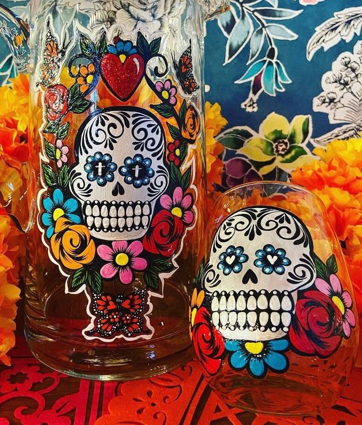 Dia de los Muertos Pitcher and wine glass set