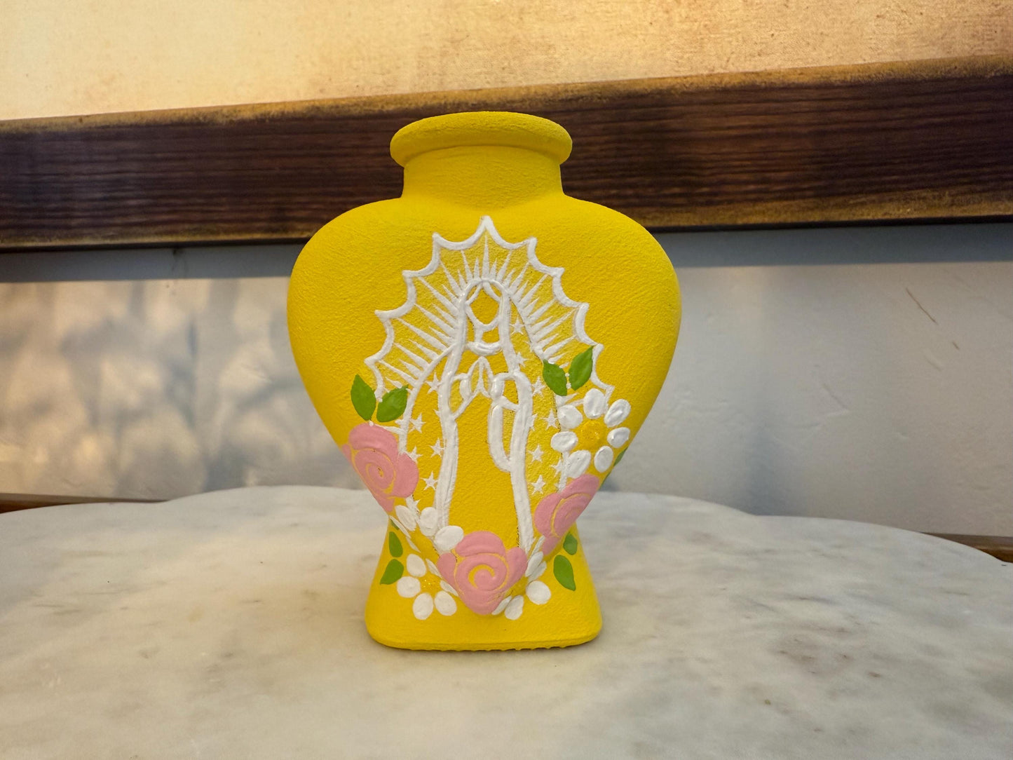 Yelllow Virgin Mary  heart vase