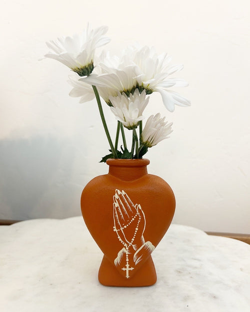 Beige and terracotta 8” Virgin Mary vase  and Praying hands heart vase set