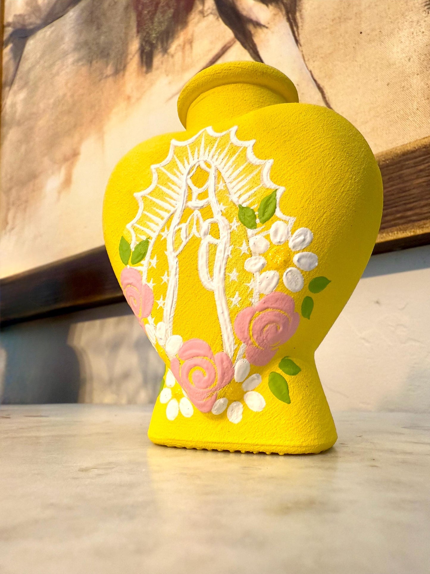 Yelllow Virgin Mary  heart vase