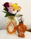 Beige and terracotta 8” Virgin Mary vase  and Praying hands heart vase set