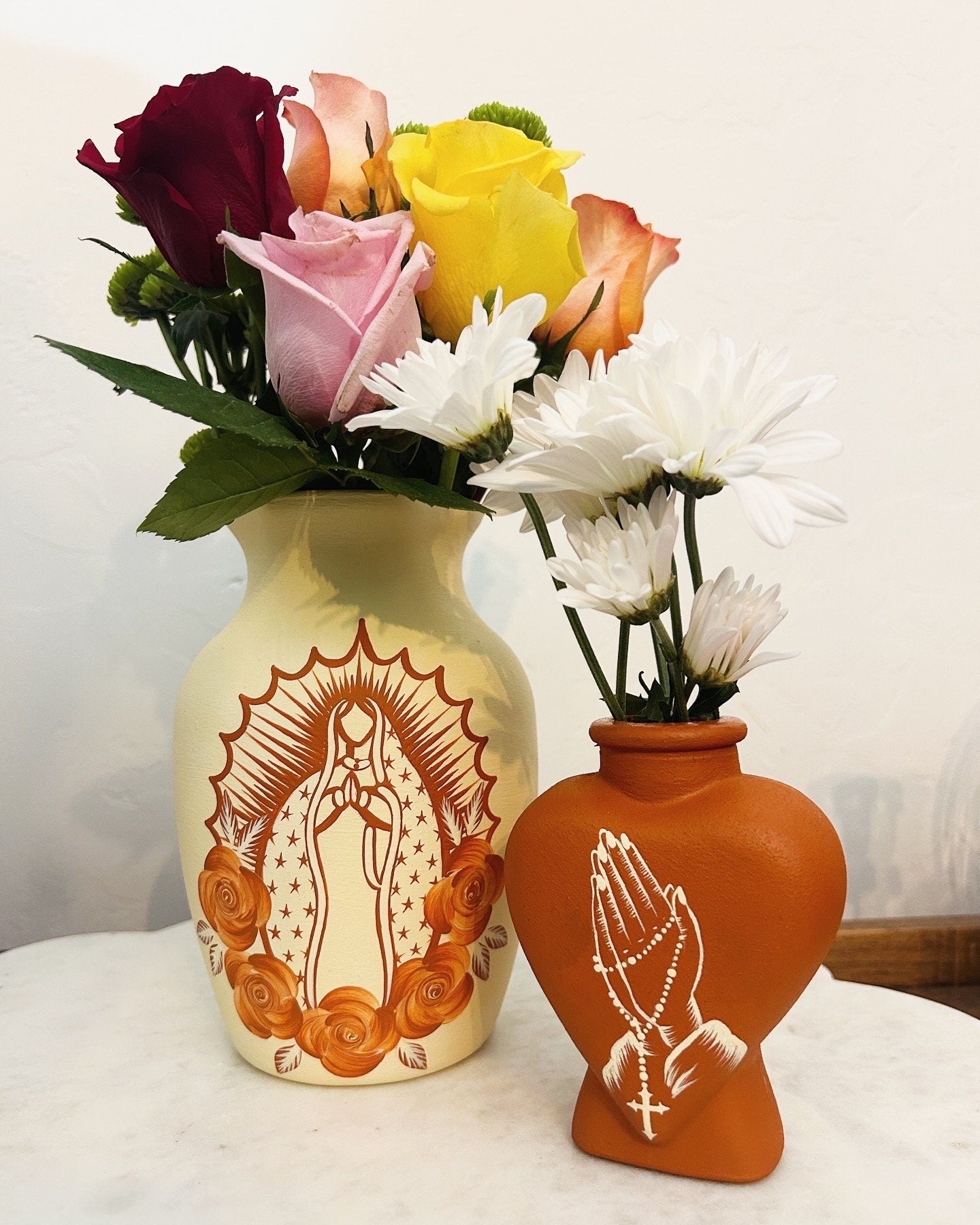 Beige and terracotta 8” Virgin Mary vase  and Praying hands heart vase set