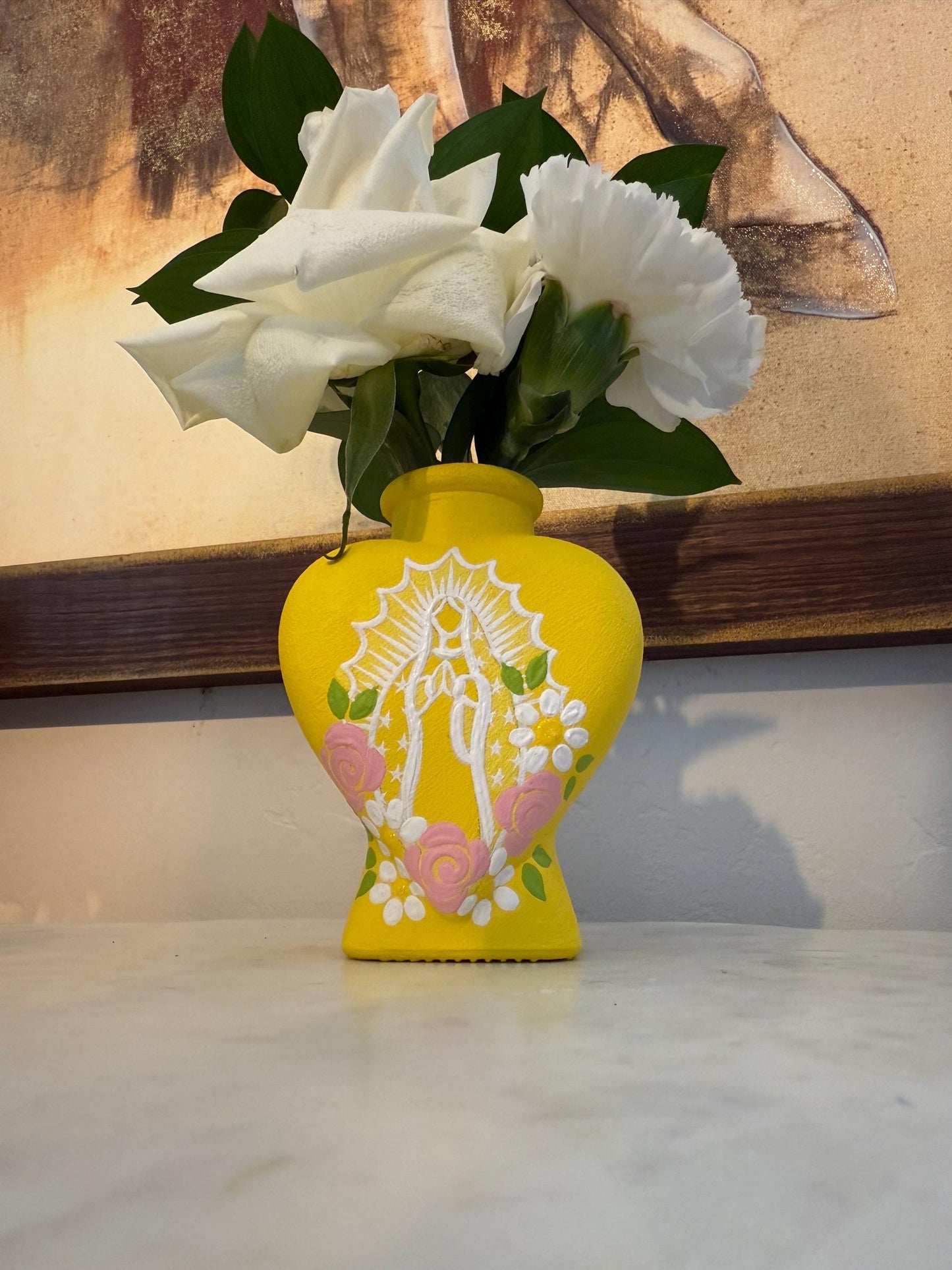 Yelllow Virgin Mary  heart vase