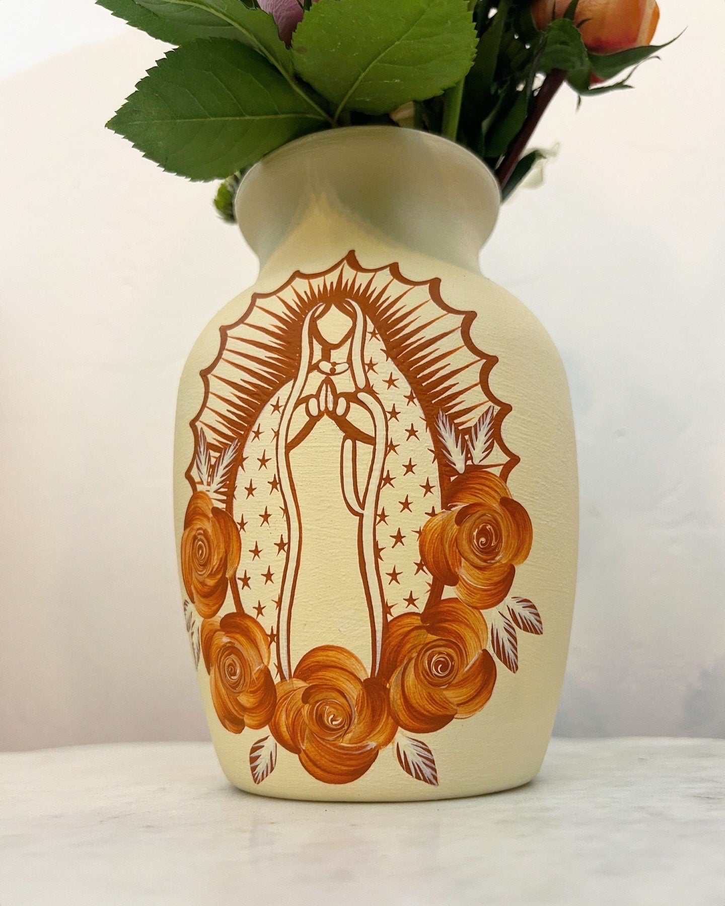 Beige and terracotta 8” Virgin Mary vase  and Praying hands heart vase set