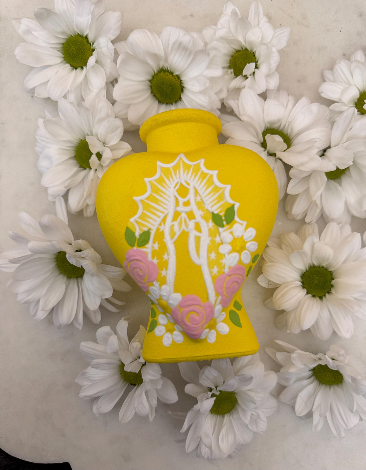 Yelllow Virgin Mary  heart vase